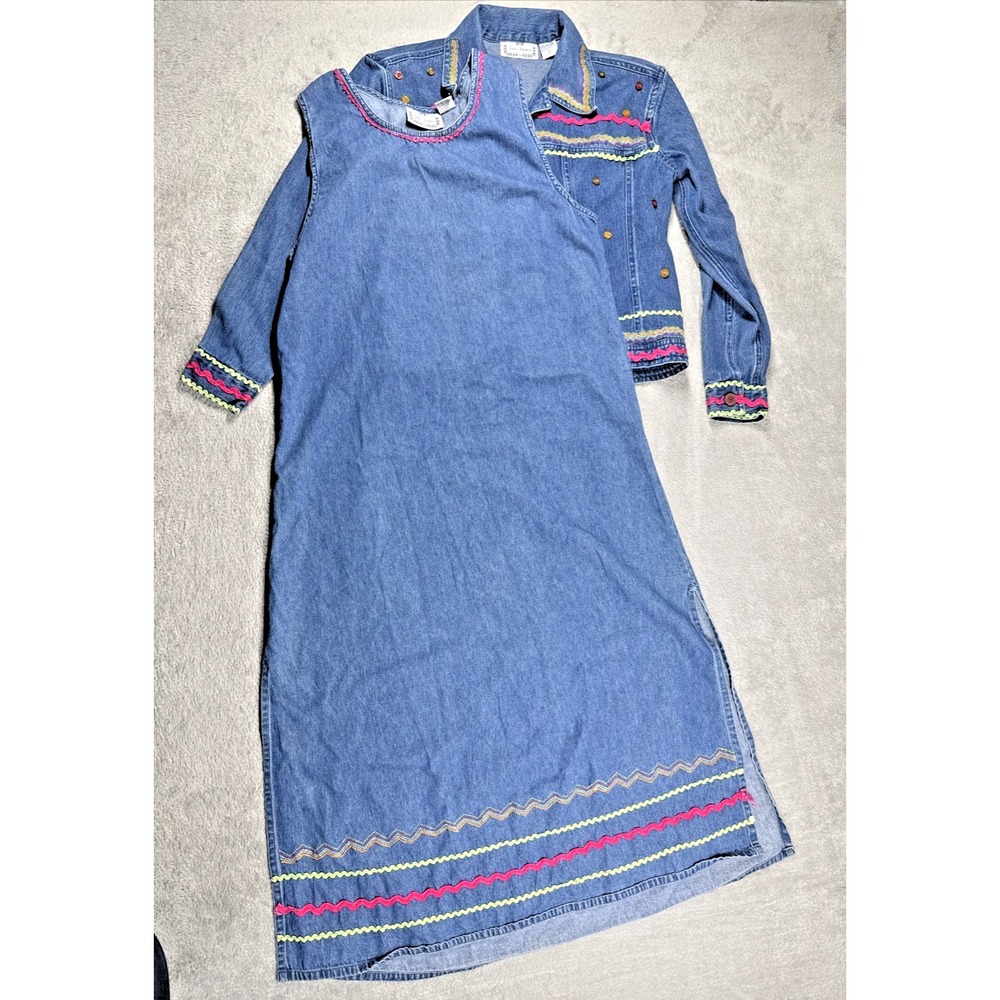 Vintage‎ Sara Studio Women's Handmade Denim Tunic Dress + Button-Down Jacket S